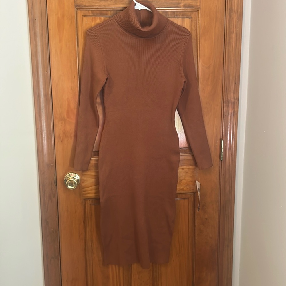 Nina Leonard Turtleneck Ribbed Midi Sweater Dress